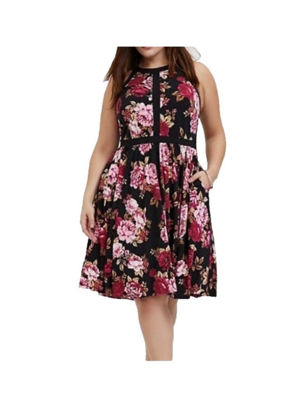 Torrid Womans Black Floral Halter Skater Dress SZ 00 M/L 10 Pockets fit & flare